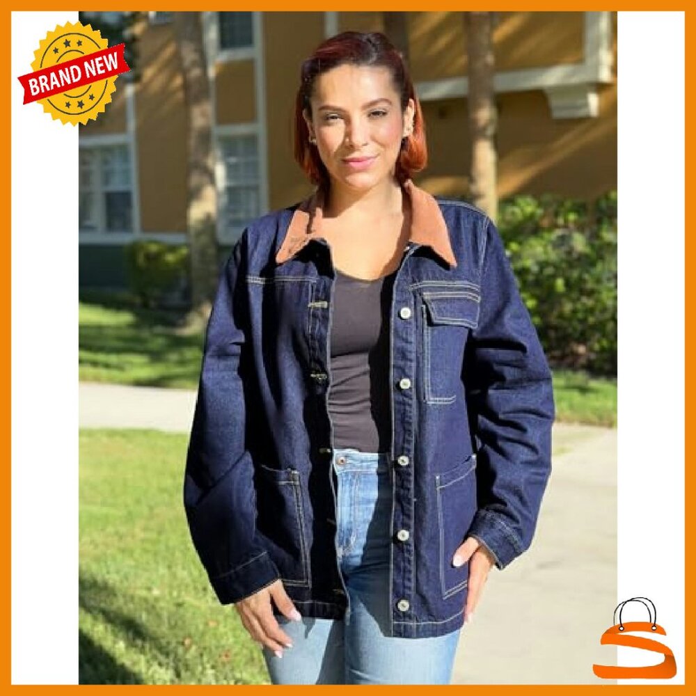 Oversized Denim Jacket with Corduroy Collar, Loose Fit, Button Front, Pockets - Picture 6 of 8